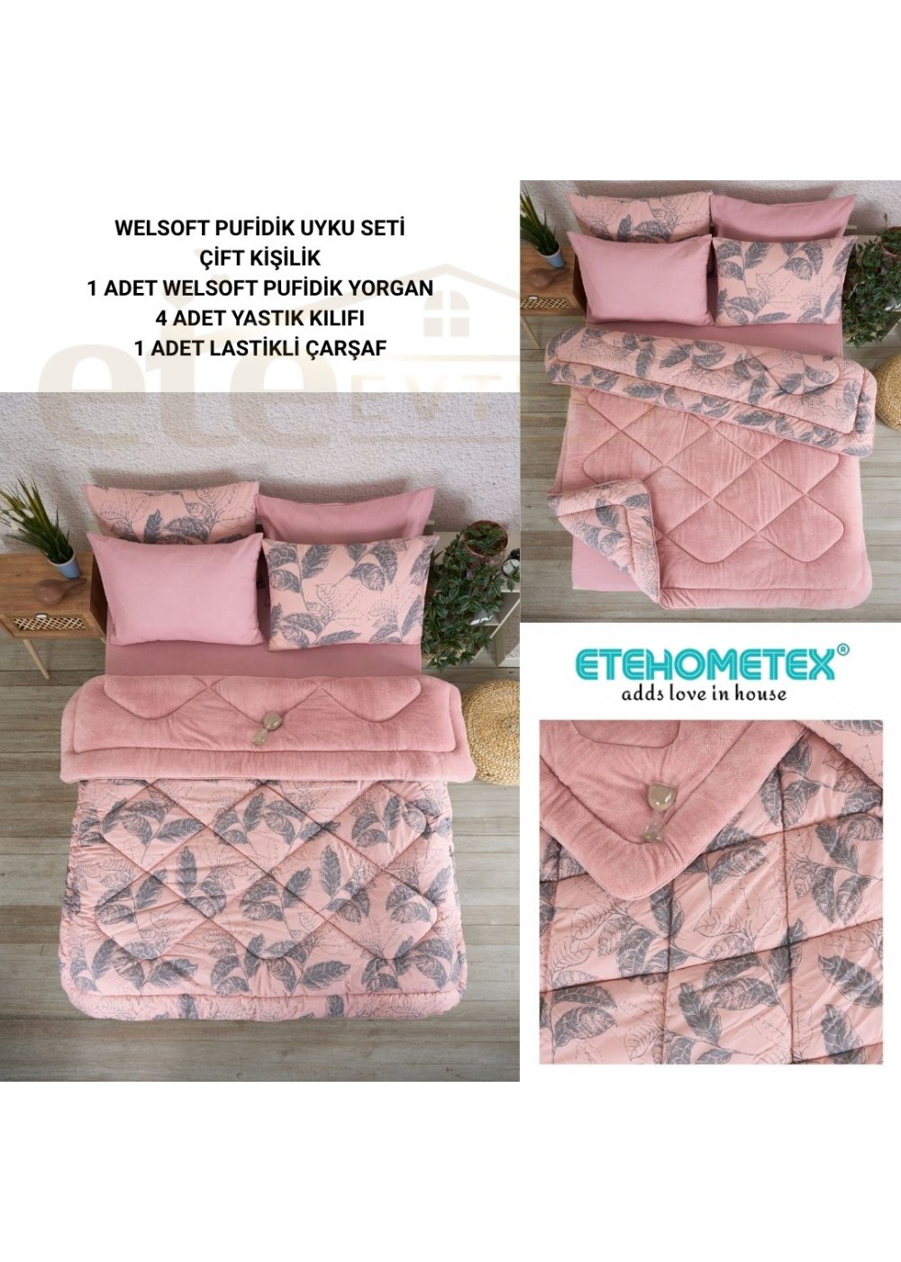 ETE HOMETEX ÇİFT KİŞİLİK WELSOFT UYKU SETİ ARİNA PUDRA 8696474231977